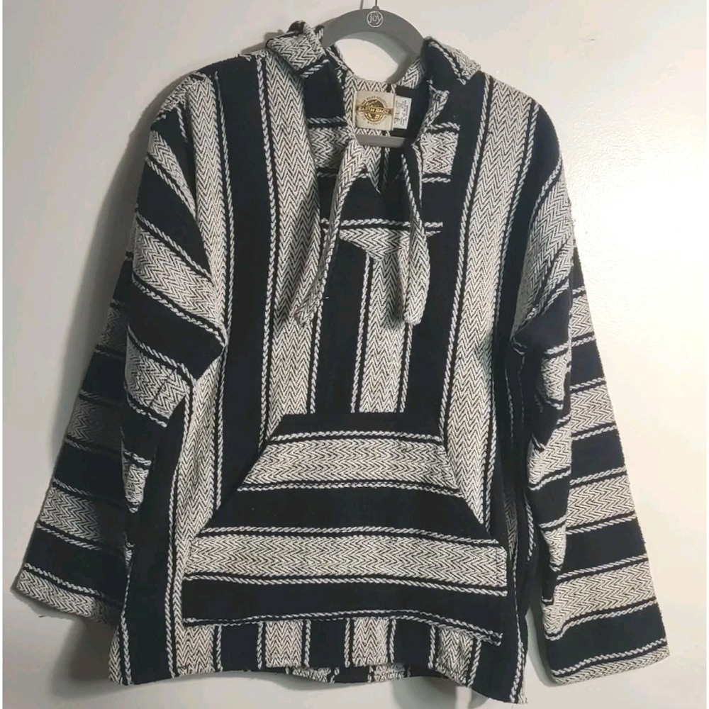 Earth Ragz Men Black White Stripe Baja Front Pouch Pocket Casual Shirt Size L‎